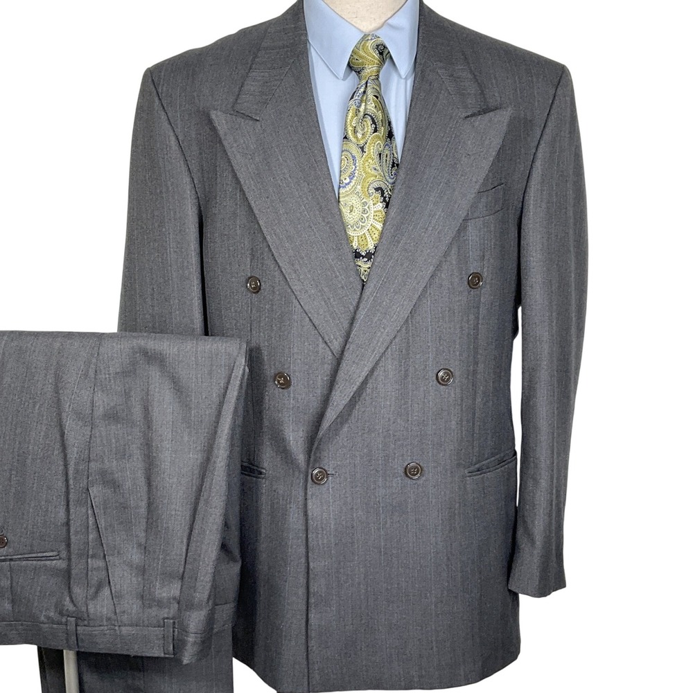 Botany 500 Suit Men 44L‎ 35W 30L Athletic Fit Gray Multi Stripe Double Breasted